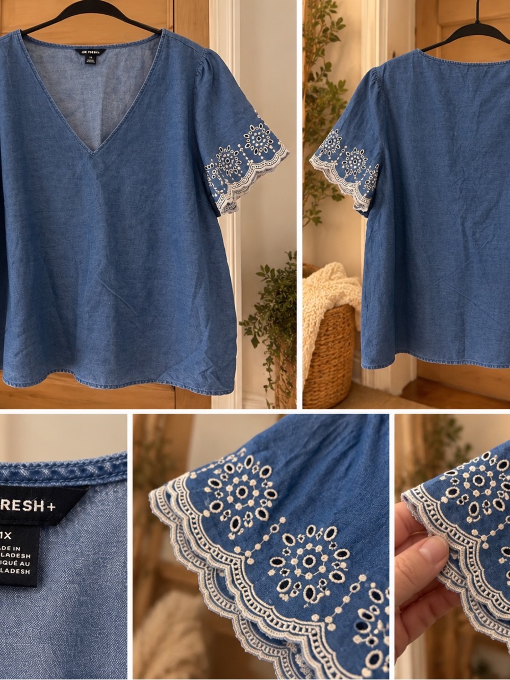Joe Fresh Blue V-Neck Eyelet Sleeve Blouse
